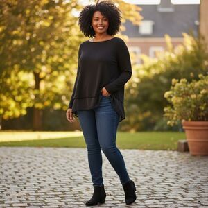 Lena Gabrielle Layered Black Long Sleeve Pullover Tunic Blouse Size Large